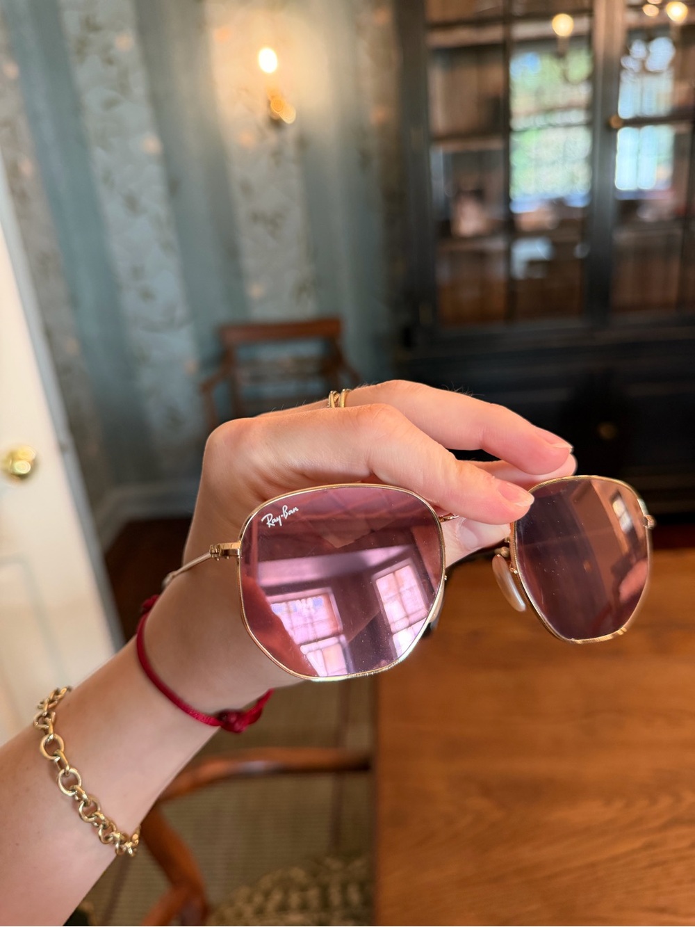 Ray-Ban Pink Hexagonal Flat Lens Sunglasses with Gold Metal Frame - Picture 6 of 6